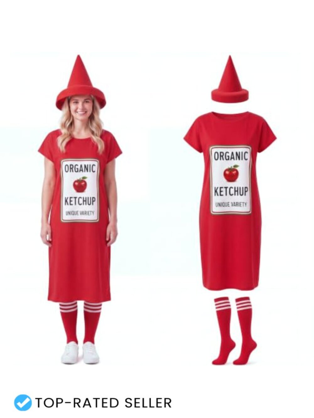Ketchup Costume Set 3 Piece Dress Hat Socks Stretch Polyester Adult
